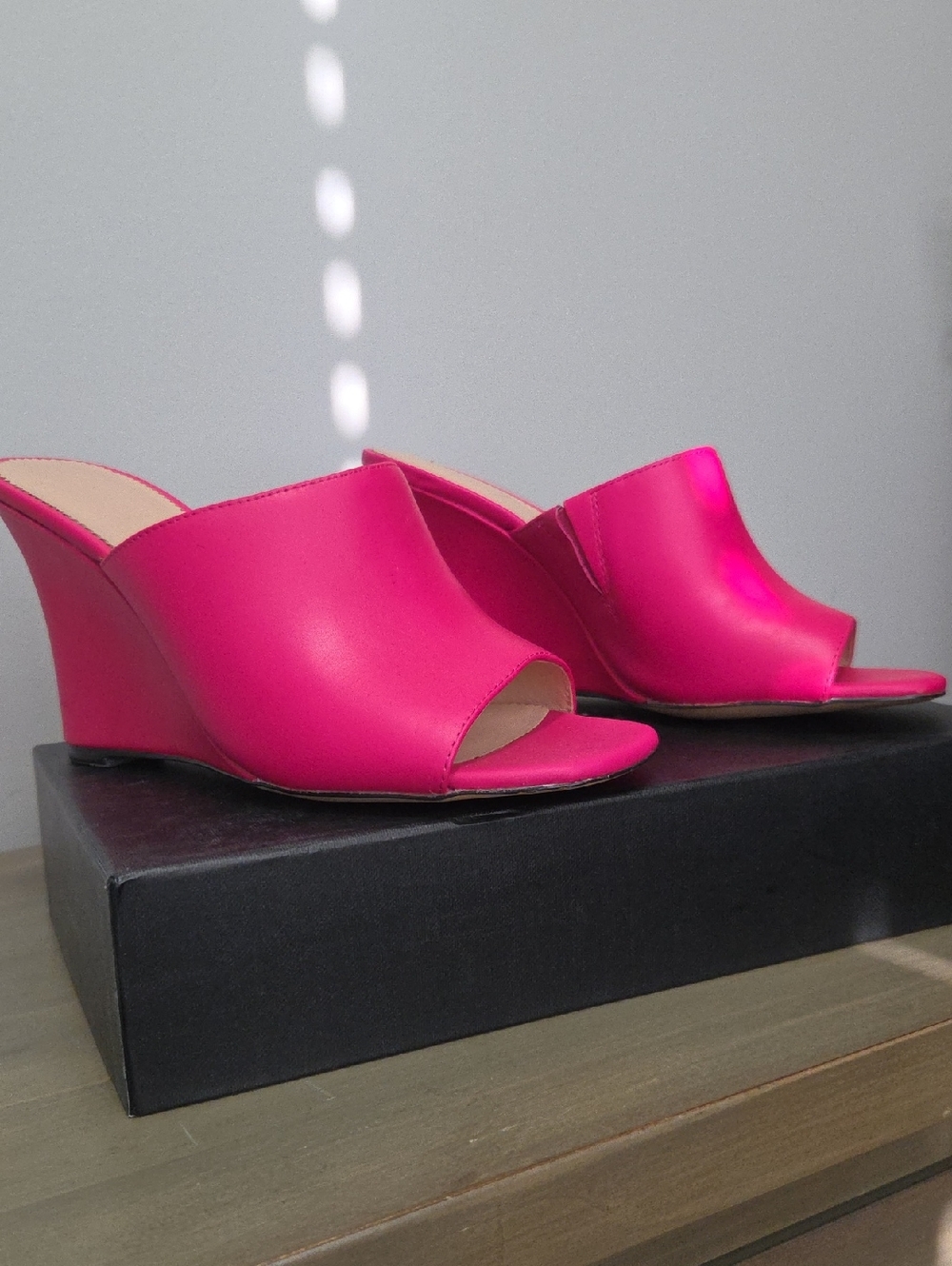 J. Crew Leather Hot Pink Open-Toe Wedge Mules